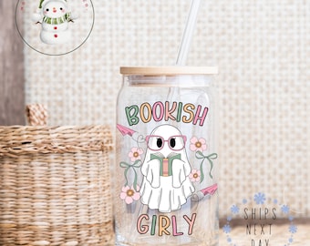 Bookish Girly Ghost Glass Tumbler Cup | Halloween Iced Coffee Cup | 16 oz/20 oz | Cute Reader Cup | Gifts for Her