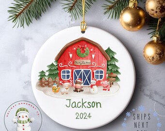 Farm Baby Animals Personalized Name Christmas Ornament | Watercolor Kids Glass or Ceramic Holiday Ornament | Keepsake Gift