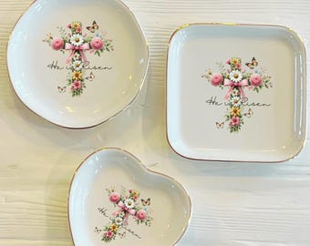 He Is Risen Floral Cross Ring Trinket Dish | Easter Christian Ring Dish | Religious Jewelry Dish | Gift for Her | Bible Club Gift