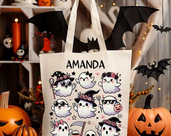 Coquette Cute Pink Black Ghosts Personalized  Halloween Trick or Treat Bag | Candy Halloween Tote | Custom Kids Halloween Bag