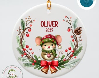 Personalized Mouse Wreath Christmas Ornament | Keepsake Ceramic Holiday Ornament