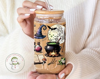 Halloween Glass Tumbler Cup | Bats Witches Moon Iced Coffee Cup | 16 oz/20 oz | Girly Halloween Cup | Gifts for Her
