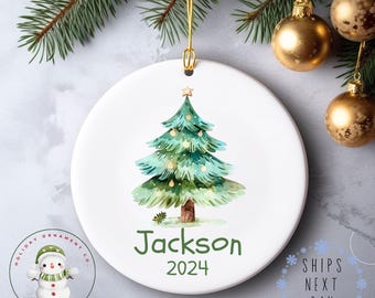 Watercolor Christmas Tree Personalized Name Christmas Ornament | Cute Kids Glass or Ceramic Holiday Ornament | Keepsake Gift