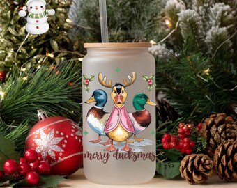 Merry Duckmas Christmas Glass Tumbler Cup | Frosted or Clear Holiday Iced Coffee Cup | 16 oz/20 oz | Cute Xmas Cup | Book Club Gift