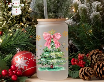 Joy Hope Love Peace Christmas Tree Glass Tumbler Cup | Pretty Holiday Iced Coffee Cup | 16 oz/20 oz | Cute Xmas Cup | Book Club Gift