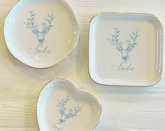 Personalized Blue Toile Deer Ring Dish: Chinoiserie Jewelry Trinket Dish