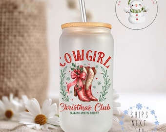 Cowgirl Christmas Club Glass Tumbler Cup | Farm Girly Holiday Iced Coffee Cup | 16 oz/20 oz | Cute Xmas Cup | Gifts for Her | Book Club