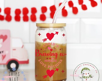 Cupid Valentine Libbey Glass Tumbler | Girlfriend Wife Gift Girly Iced Coffee Cup | 16 oz or 20 oz | Bookclub Cup | Party Favors