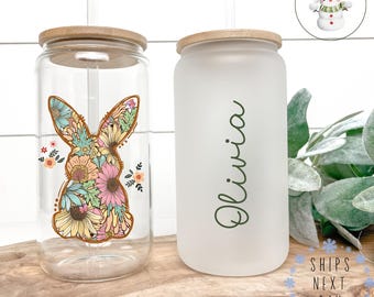 Personalized Floral Easter Bunny Glass Libbey Cup | Easter Iced Coffee Cup | 16 oz/20 oz | Party Favors | Gift for Her
