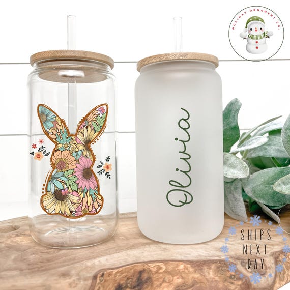 Personalized Floral Easter Bunny Libbey Glass Cup
