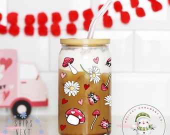 Mushrooms Hearts Valentine Libbey Glass Tumbler | Girlfriend Wife Gift | Girly Iced Coffee Cup | 16 oz or 20 oz | Party Favors