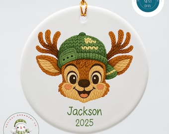 Personalized Faux Yarn Boy Reindeer Ceramic Holiday Ornament | Kids Name Christmas Ornament