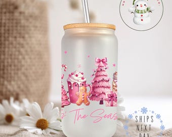 Coquette Pink Coffee Christmas Glass Tumbler Cup | Tis the Season Holiday Iced Coffee Cup | 16 oz/20 oz | Cute Xmas Cup | Gifts for Her