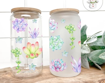 Pastel Succulent Plants Glass Libbey Cup | 16oz or 20oz | Plant Lover Gift