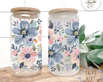 Wildflower Pink and Blue Glass Tumbler Cup | Libbey Cup Lid Straw Gift Iced Coffee  | 16 oz/20 oz | Gift for Her | Baby Shower Party Favors