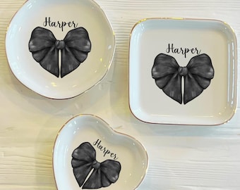 Black Bow Personalized Ring Trinket Dish | Coquette Bow Name Ring Dish | Girly Jewelry Dish | Gift for Her