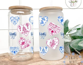 Chinoiserie Hearts Coquette Glass Libbey Cup | Girly Iced Coffee Cup | 16 oz/20 oz | Party Favors | Best Friends Gift