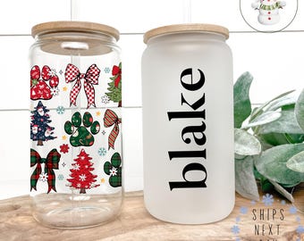 Paw Prints Christmas Coquette Personalized Glass Tumbler Cup | Pretty Holiday Iced Coffee Cup | 16 oz/20 oz | Cute Xmas Cup | Book Club Gift