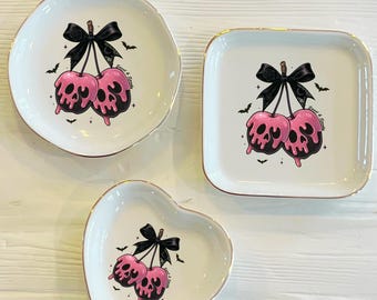 Skull Cherries Ring Dish: Sweet & Spooky Halloween Ceramic Trinket Dish