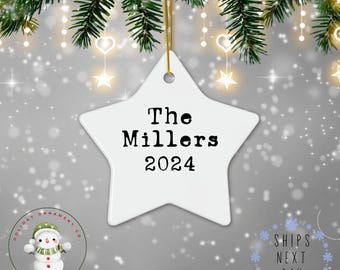 Rustic Star Family Name Christmas Ornament | Cute Couples Gift Ceramic Holiday Ornament | Personalized Ornament