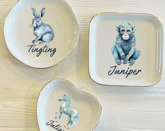 Personalized Chinese Zodiac Animals Ring Dish | Blue Watercolor Chinese Animal Year Trinket Dish | Birthday Gift for Her