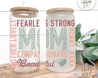 Fearless Strong Mom Glass Coffee Cup | Mothers Day Iced Libbey Cup | 16 oz/20 oz | Party Favors | Book Club Matching Cups