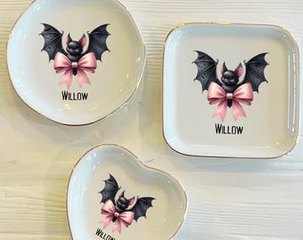 Personalized Halloween Bat Ring Dish: Coquette Ceramic Trinket Dish