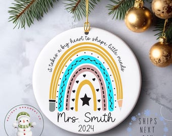 Rainbow Big Heart Teacher Name Christmas Ornament | Gift for Teacher Holiday Ornament | Personalized Teacher Gift | Elementary School Gift