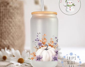 Watercolor White Pumpkins Glass Tumbler Cup | Fall Thanksgiving Iced Coffee Cup | 16 oz/20 oz | Cute Libbey Cup | Gifts for Her