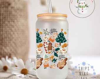 Merry Christmas Gingerbread Glass Tumbler Cup | Tis the Season Holiday Iced Coffee Cup | 16 oz/20 oz | Cute Xmas Cup | Gifts for Her