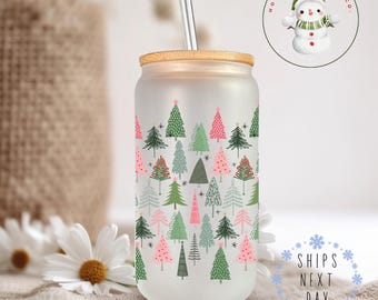 Watercolor Christmas Trees Glass Tumbler Cup | Pretty Holiday Iced Coffee Cup | 16 oz/20 oz | Cute Xmas Cup | Book Club Gift