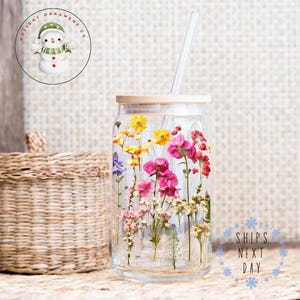Wildflower Glass Tumbler Cup: Libbey Iced Coffee Cup with Bamboo Lid image 3