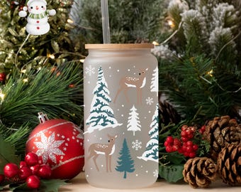 Reindeer Snowy Christmas Trees Glass Tumbler Cup | Classic Holiday Iced Coffee Cup | 16 oz/20 oz | Pretty Xmas Cup | Book Club Gift
