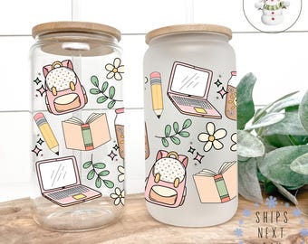 Watercolor School Doodles Glass Libbey Cup | Teacher School Gift Iced Coffee Cup | 16 oz/20 oz | Party Favors | Best Friends Gift