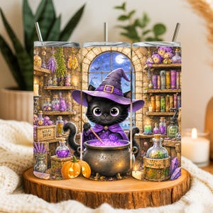 May include: A cylindrical tumbler featuring a black cat wearing a purple witch hat and cape, stirring a glowing purple cauldron. The background shows a stone room with shelves of potion bottles, books, candles, and a pumpkin, with text reading Witch's Brew and Dragon Scale.
