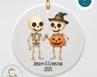 Personalized Couple Skeleton Ornament: Watercolor Halloween Ceramic Gift