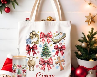 Coquette Jesus Christmas Tote Bag and Frosted 16 oz Libbey Glass Cup, Personalized Large Tote Gift Bag, Ice Coffee Cup with Lid and Straw