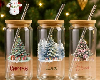 Personalized Christmas Tree Glass Tumbler : Custom Holiday Iced Coffee Cup (16/20 oz)