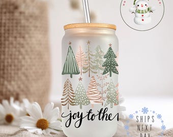 Watercolor Joy to the World Christmas Trees Glass Tumbler Cup | Pretty Holiday Iced Coffee Cup | 16 oz/20 oz | Book Club Gift