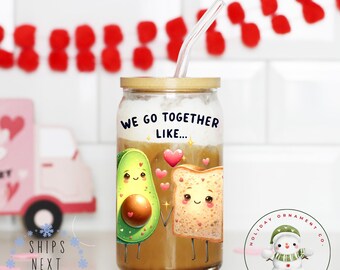Avocado Toast Valentine Libbey Glass Tumbler | Girlfriend Wife Gift Girly Iced Coffee Cup | 16 oz or 20 oz | Bookclub Cup | Party Favors