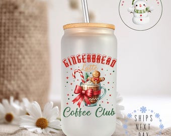 Gingerbread Coffee Club Christmas Glass Tumbler Cup | Baker Gift Holiday Iced Coffee Cup | 16 oz/20 oz | Cute Xmas Cup | Gifts for Her