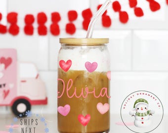Personalized Name Watercolor Valentine Libbey Glass Tumbler | Girlfriend Wife Gift | Girly Iced Coffee Cup | 16 oz or 20 oz | Party Favors