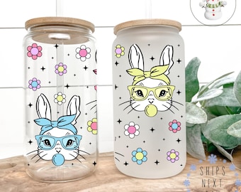 Bunny Pastel Glass Libbey Cup | Easter Bunny Tumbler Iced Coffee Cup | 16 oz/20 oz | Cute Book Club Cup | Gift for Her