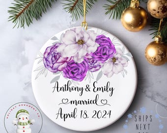 Floral Married Christmas Ornament | First Year Married | Wedding Engagement Gift  | Beautiful Couples Ornament