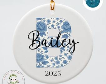 Blue Toile Initial Name Christmas Ornament | Girls Holiday Ornament | Custom Ceramic Ornament Gift