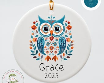 Personalized Scandinavian Owl Christmas Ornament | Boho Holiday Ornament