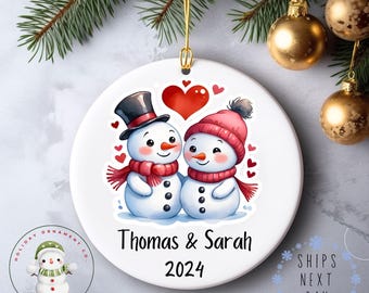 Personalized Snowmen Heart Couple Christmas Ornament | Cute Couples Glass or Ceramic Holiday Ornament | Cute Holiday Gift
