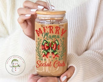 Merry Mama Social Club Christmas Glass Tumbler Cup | Mom Holiday Iced Coffee Cup | 16 oz/20 oz | Cute Xmas Cup | Gifts for Her