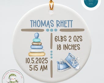 Personalized Baby's First Christmas Ornament: Watercolor Boy Birth Announcement
