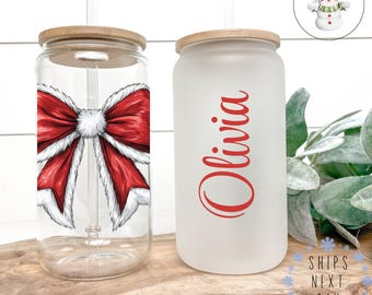 Coquette Santa Bow Personalized Glass Tumbler Cup | Pretty Holiday Iced Coffee Cup | 16 oz/20 oz | Cute Xmas Cup | Book Club Gift
